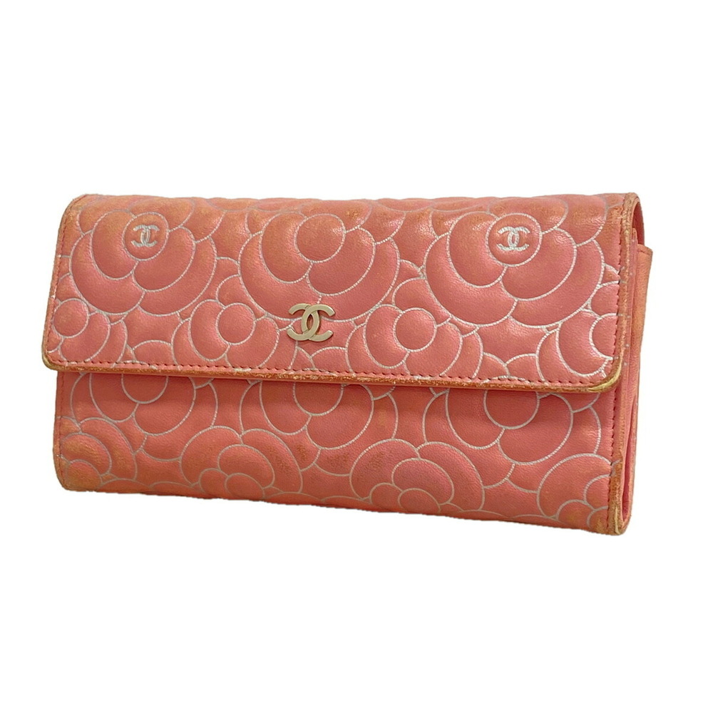 Chanel long wallet, Camellia design, lambskin, pink, women's.